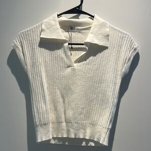 White Ribbed Knit Collared Top